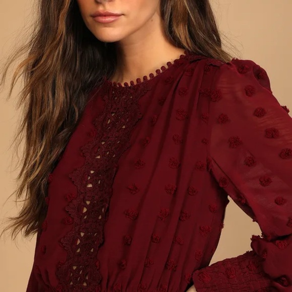 Lust or Love Wine Red Embroidered Lace Long Sleeve Dress Size Small - Picture 4 of 12
